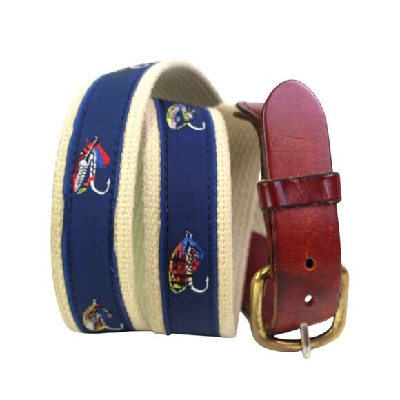 Leather Man BROWN REAL LEATHER BLUE CANVAS 1 1/4"Wd GOLF DRESS MEN BELT 34 (53M - Picture 1 of 12